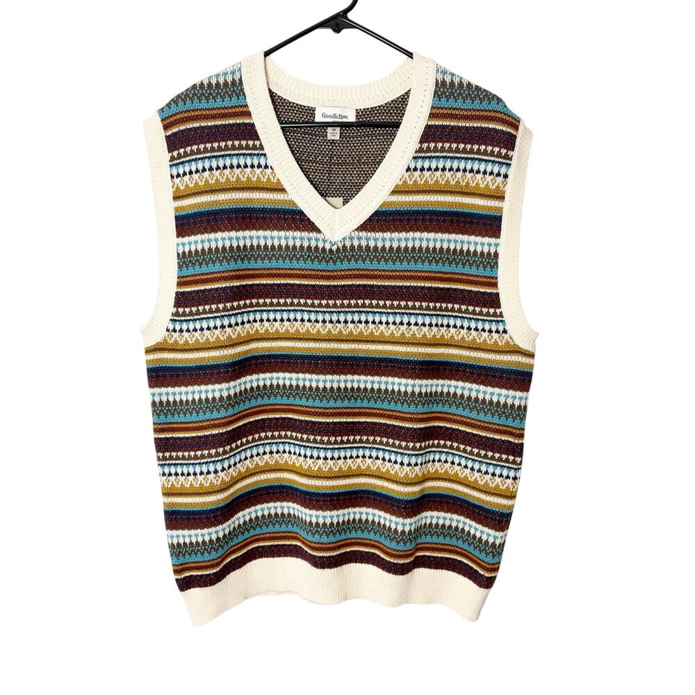 NWT Goodfellow Mens Sz M Fair Isle Knit Vneck Sweater Vest Grandpacore Vibrant